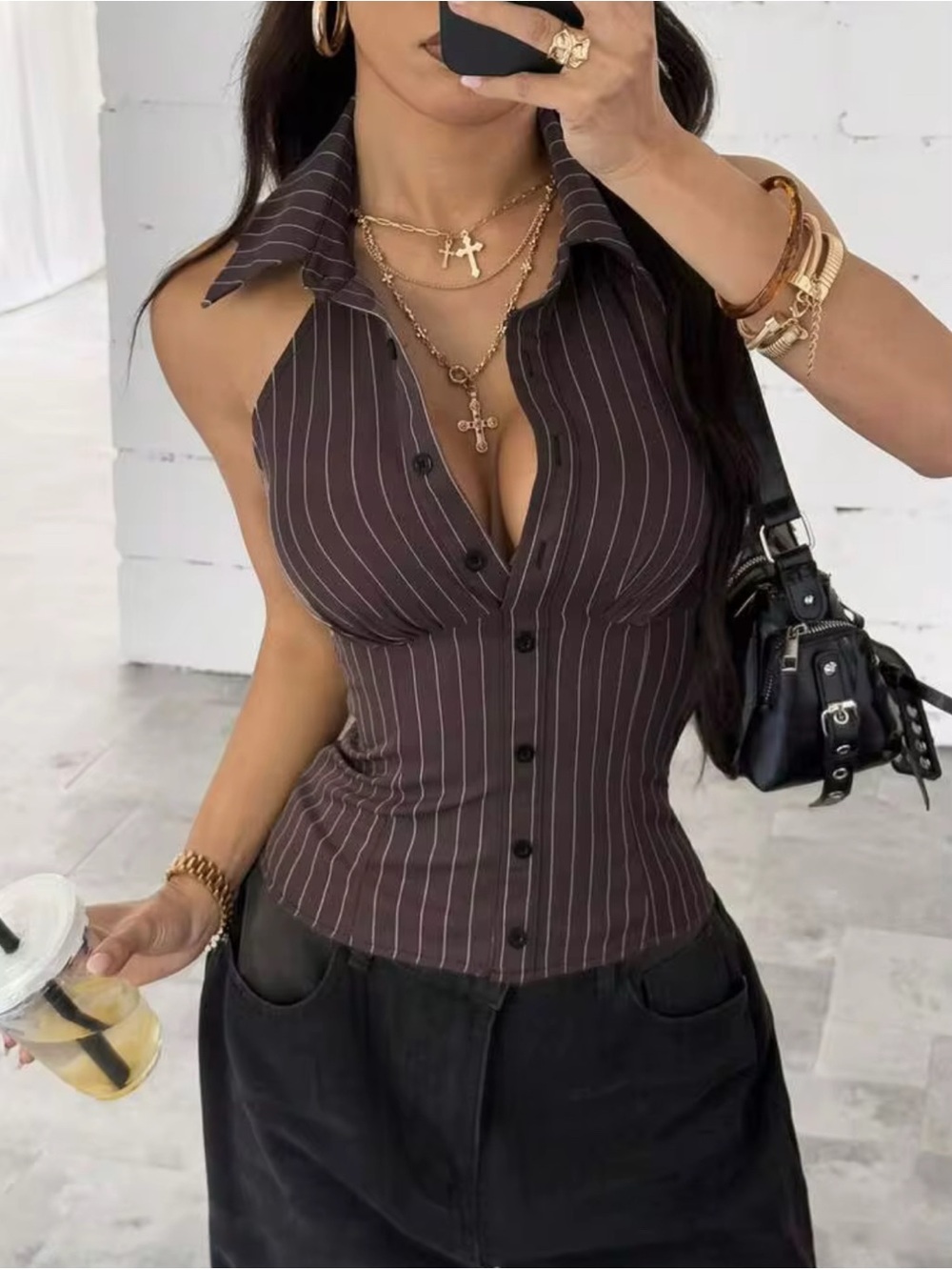 Forever 21 Black Pinstripe Collared Button-Front Tank